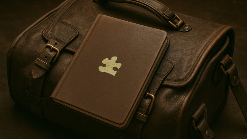 A large leather travel bag with a leather-bound book sitting on tip. The book has an embossed Puzzle piece on the cover.