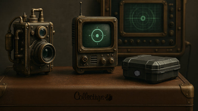 Retro futuristic cameras and displays sitting on an old vintage table.