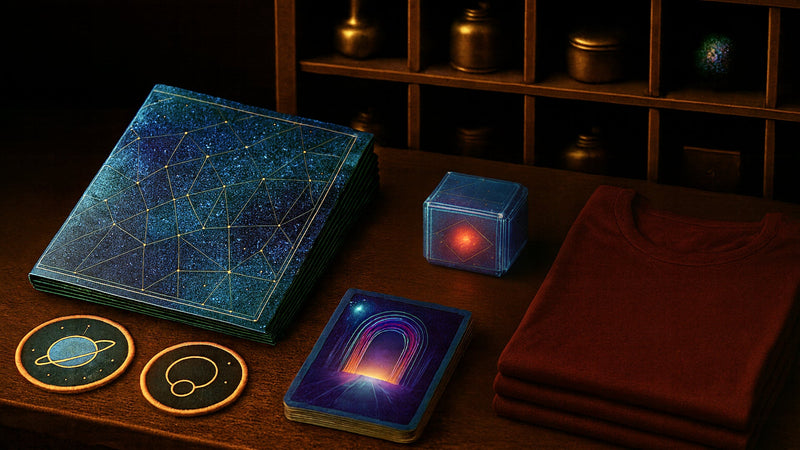 An old table with a mystical map, circular patches, a stack of glowing cards, a glowing box, and a stack of t-shirts.