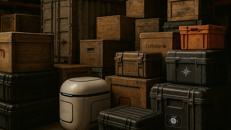 A wide shot of a warehouse with a variety of cases, crates, containers, and boxes covering the image.